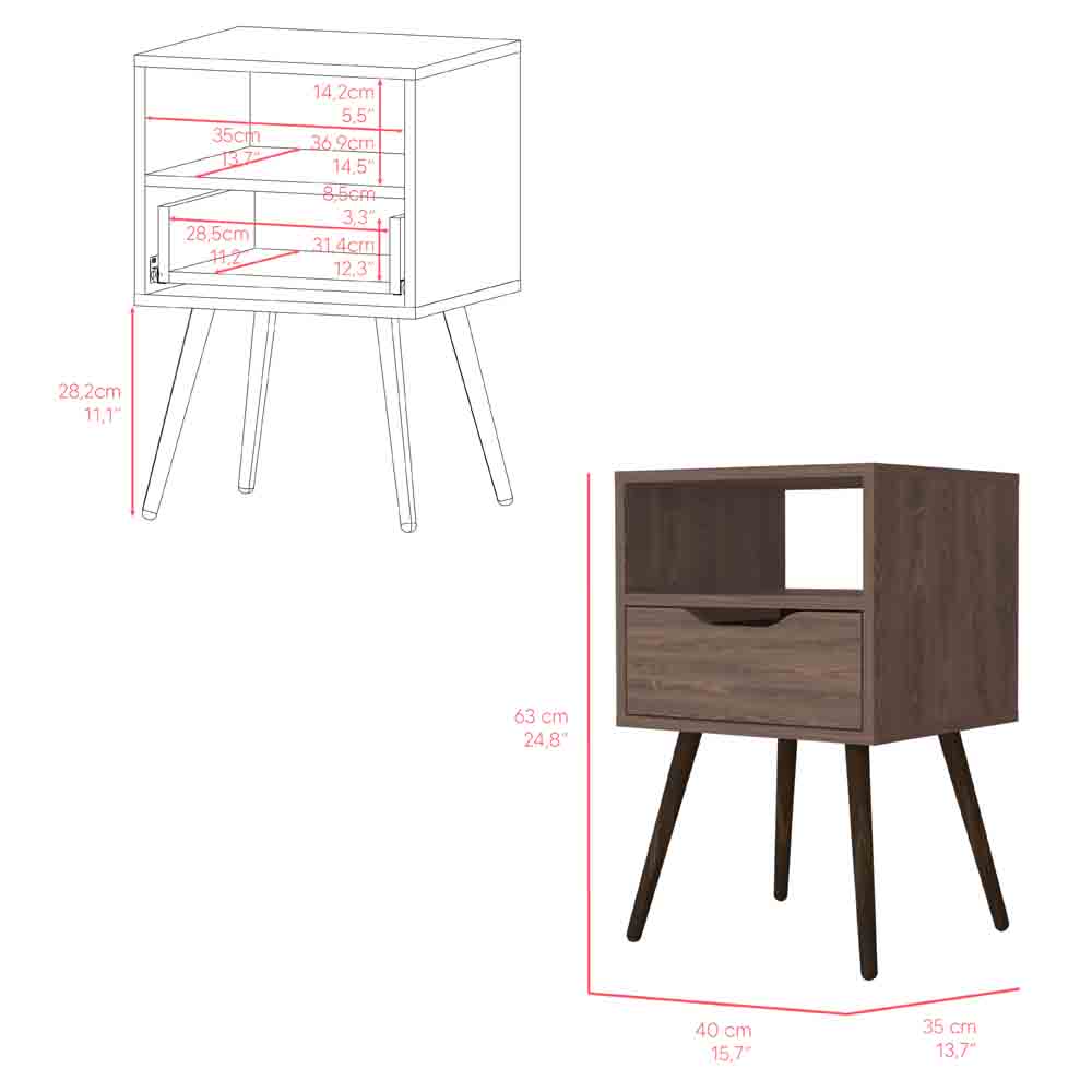 Nightstand Fugaz, Open Shelf, Single Drawer, Dark Walnut Finish Walnut Particle Board