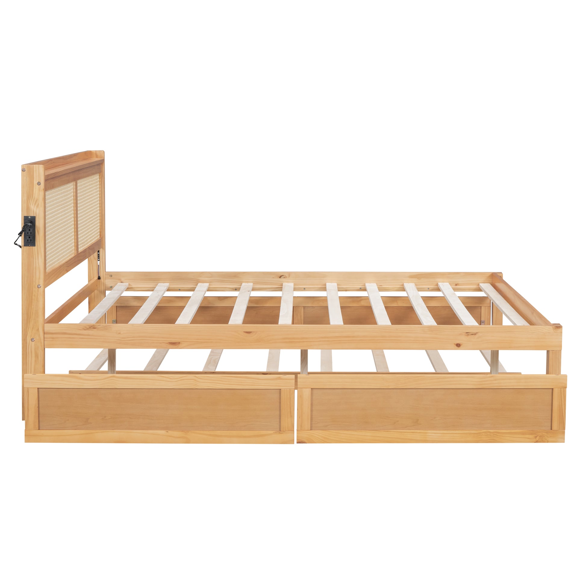 Queen Size Elegant Bed Frame With Rattan Headboard And Sockets ,Natural Twin Natural Rattan