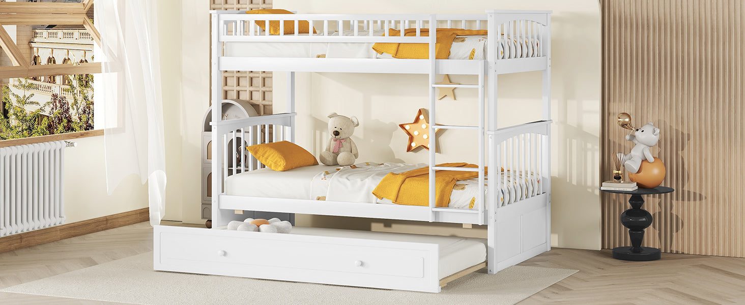 Twin Over Twin Bunk Bed With Twin Size Trundle, Convertible Beds, White Box Spring Not Required Twin White Bedroom Bunk Solid Wood Mdf