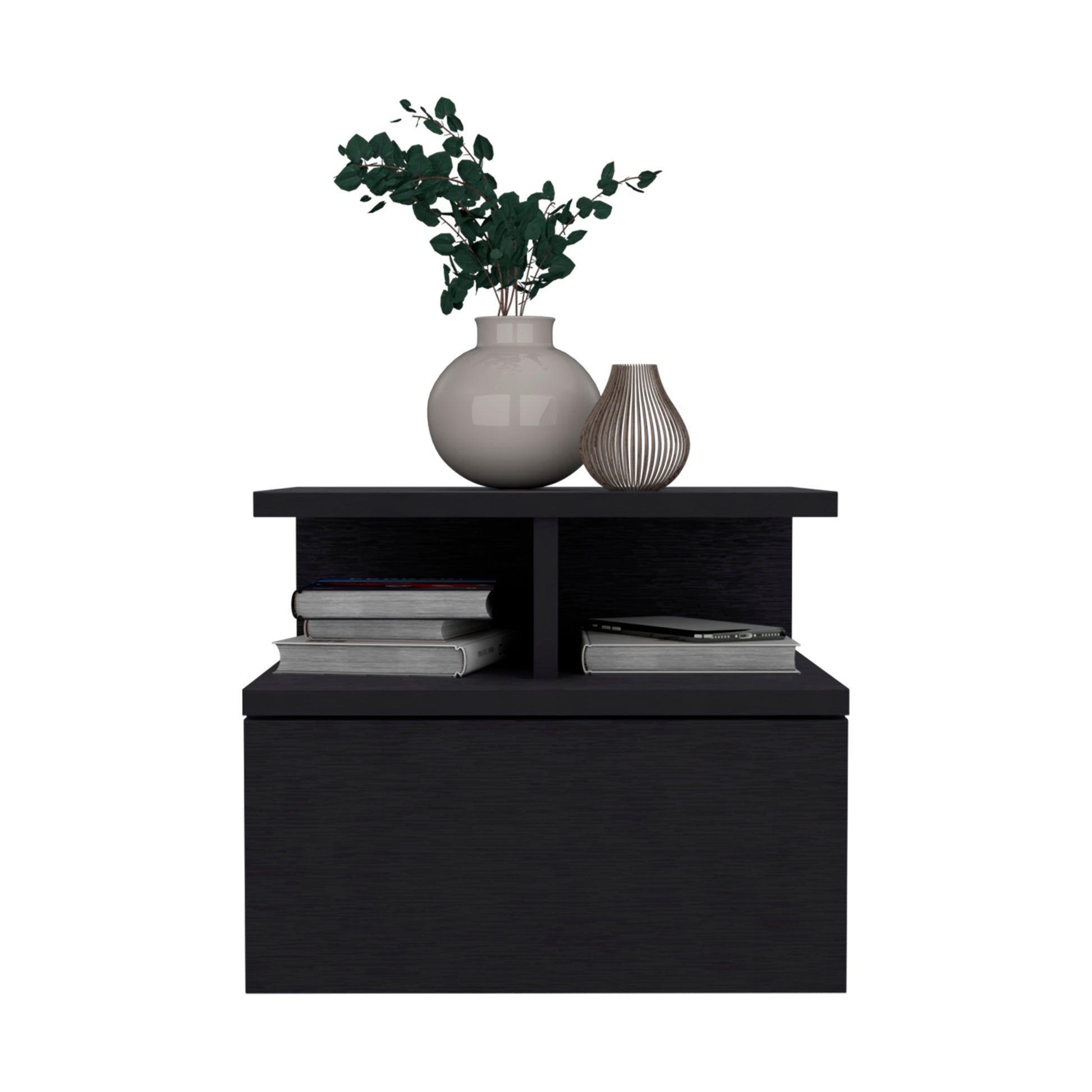 Floating Nightstand 12"H, Wall Mounted With Single Drawer And 2 Tier Shelf, Black Black Particle Board Particle Board