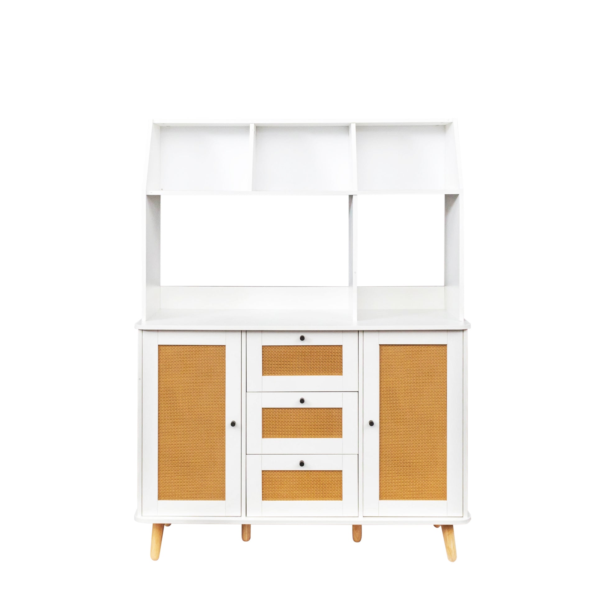 Cabinet With Rattan Door And 3 Drawers,Floor Cabinet With Storage,Buffet Cabinet For Living Room, Dining Room, Entryway White Mdf