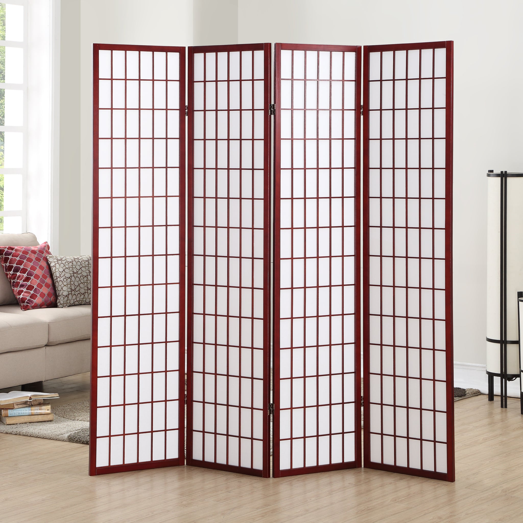 4 Panel Oriental Shoji Screen Room Divider, Cherry Cherry Wood Paper