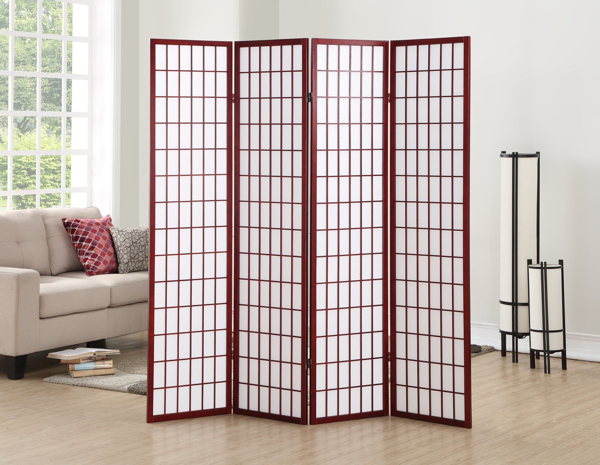 4 Panel Oriental Shoji Screen Room Divider, Cherry Cherry Wood Paper