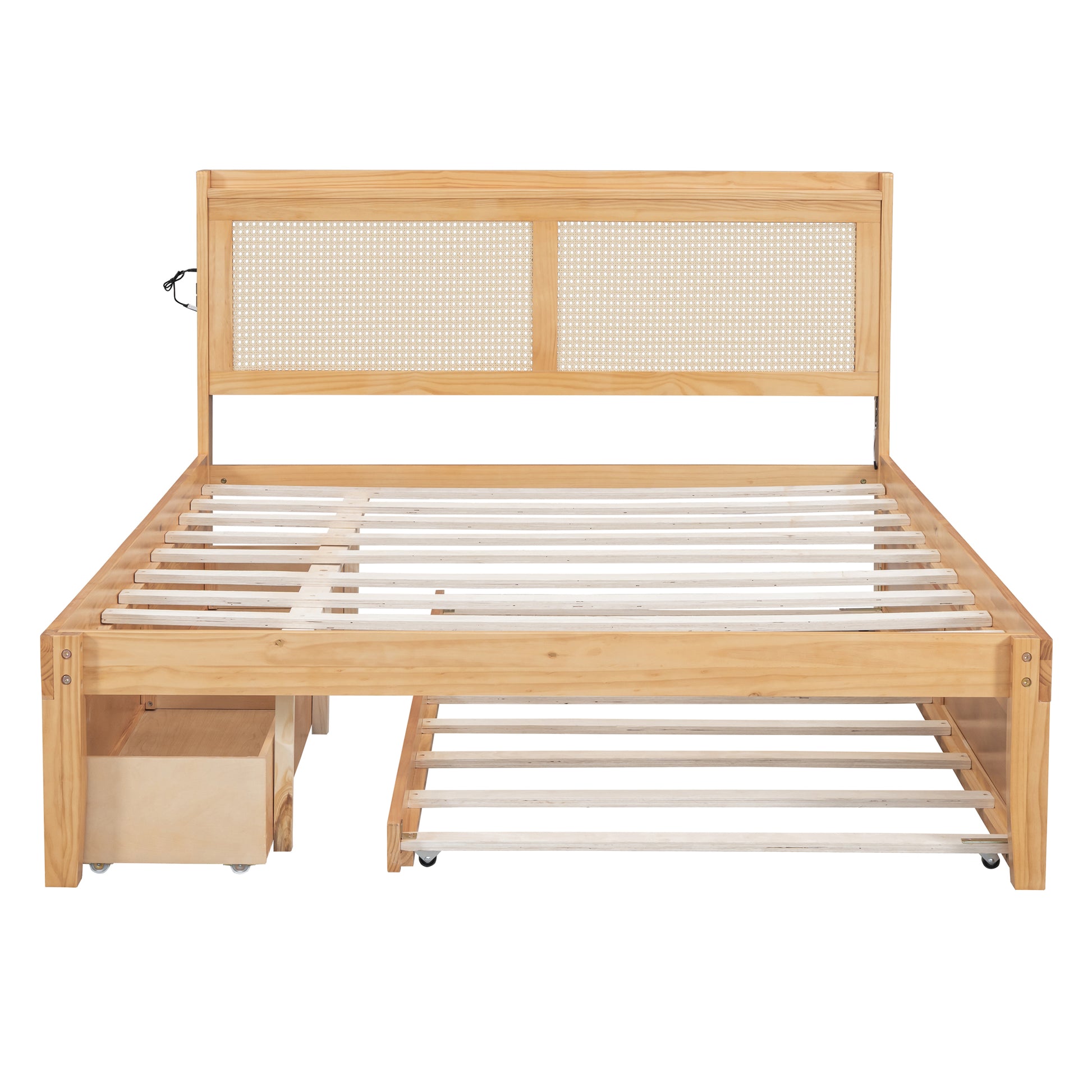 Queen Size Elegant Bed Frame With Rattan Headboard And Sockets ,Natural Twin Natural Rattan