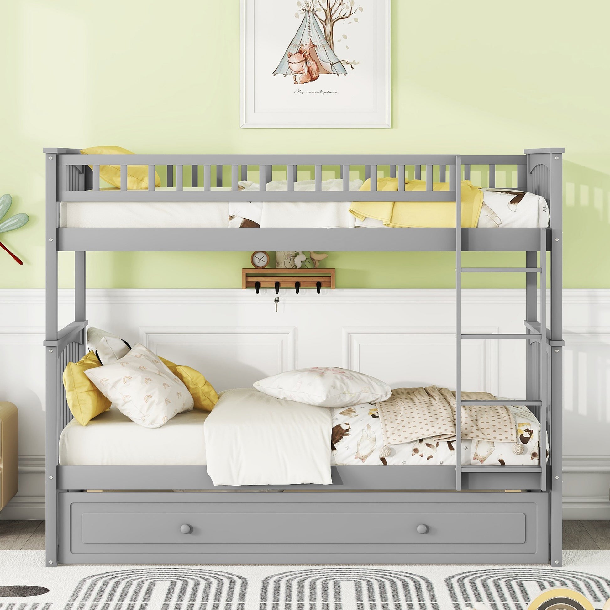 Twin Over Twin Bunk Bed With Twin Size Trundle, Convertible Beds, Gray Box Spring Not Required Twin Gray Bedroom Bunk Solid Wood Mdf