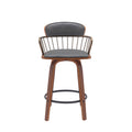 Wiz 26 Inch Counter Stool Chair, Slatted, Gray Faux Leather, Walnut Brown Brown Gray Wood Metal