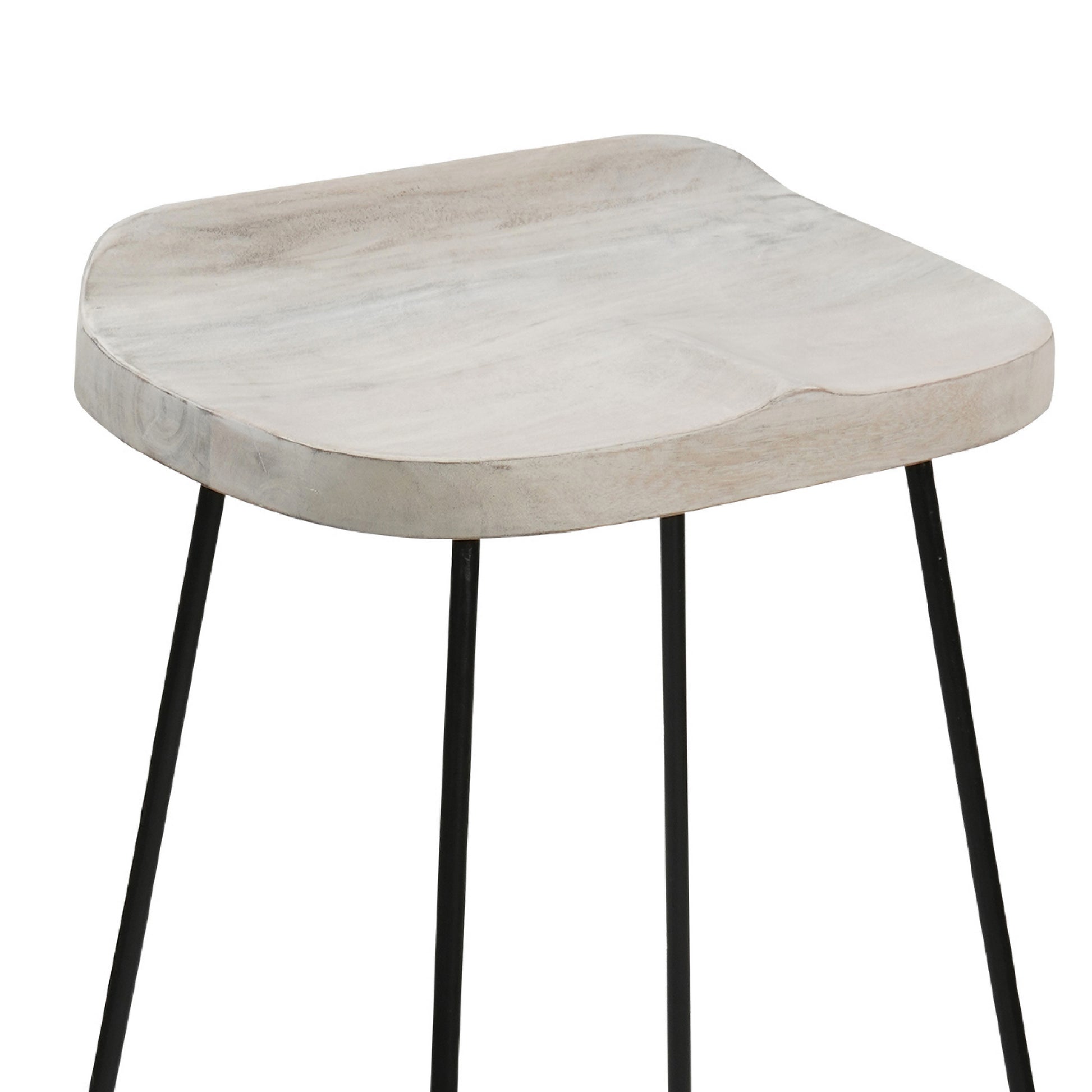 Tiva 30 Inch Handcrafted Backless Barstool, Whitewashed Mango Wood Saddle Seat, Black Metal Base Black White Metal & Wood