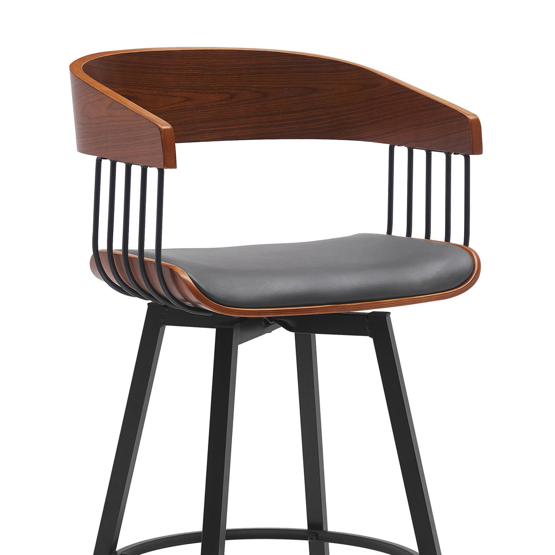 Vera 31 Inch Swivel Barstool Chair, Curved Open Back, Walnut Brown, Gray Black Brown Grey Wood Metal