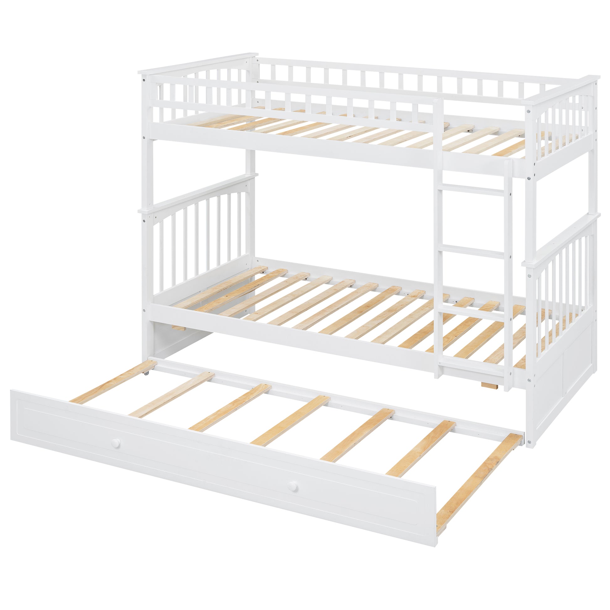 Twin Over Twin Bunk Bed With Twin Size Trundle, Convertible Beds, White Box Spring Not Required Twin White Bedroom Bunk Solid Wood Mdf