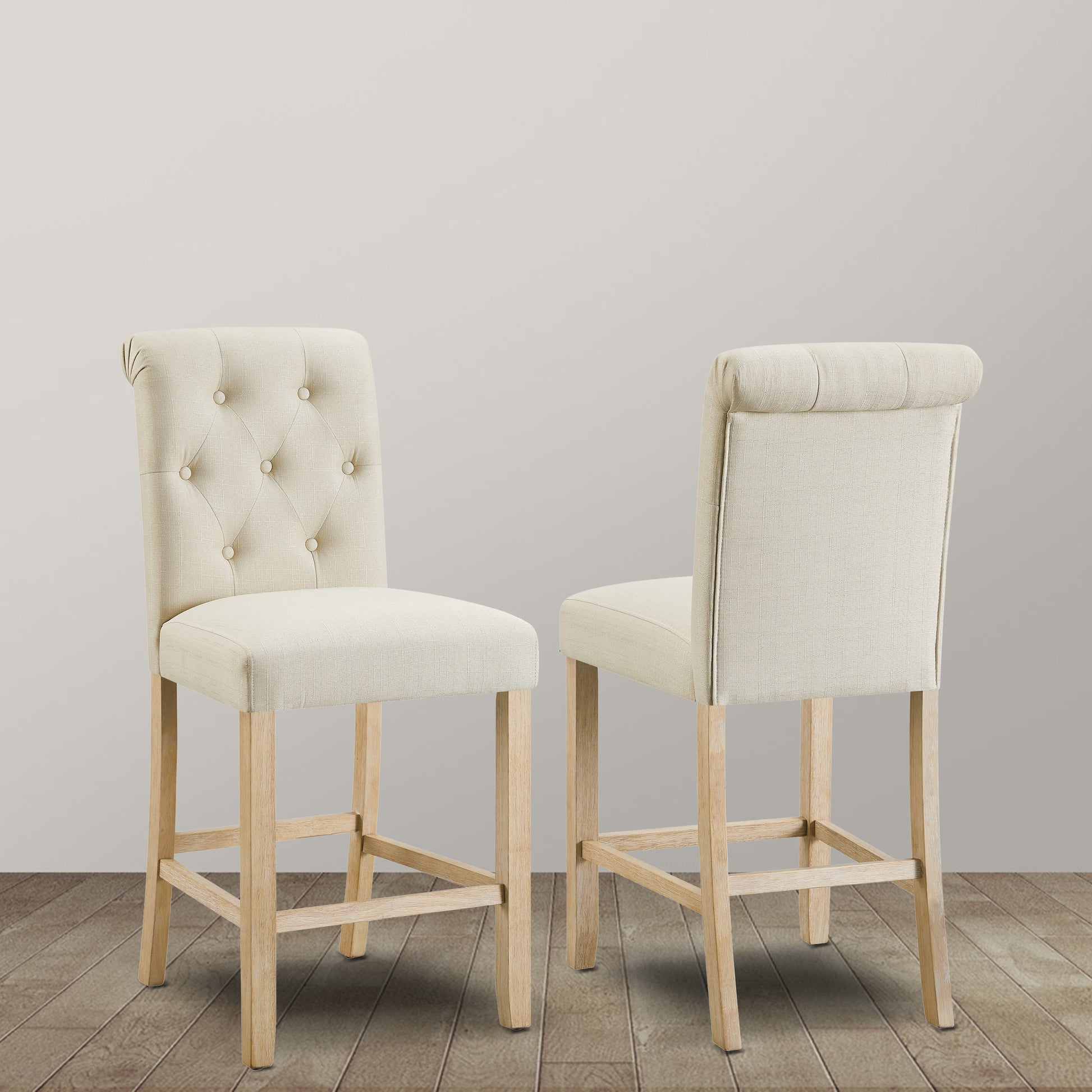 Siena Counter Height Button Tufted Back Solid Wood Stools, Set Of 2, Tan Tan Polyester Blend