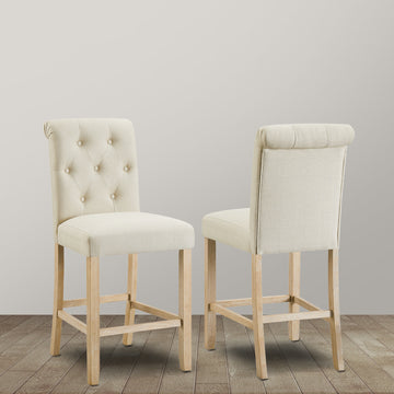 Siena Counter Height Button Tufted Back Solid Wood Stools, Set Of 2, Tan Tan Polyester Blend
