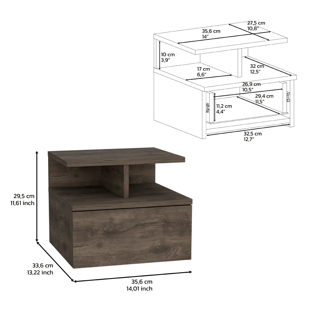 Floating Nightstand 12"H, Wall Mounted With Single Drawer And 2 Tier Shelf, Dark Walnut Brown Particle Board Particle Board