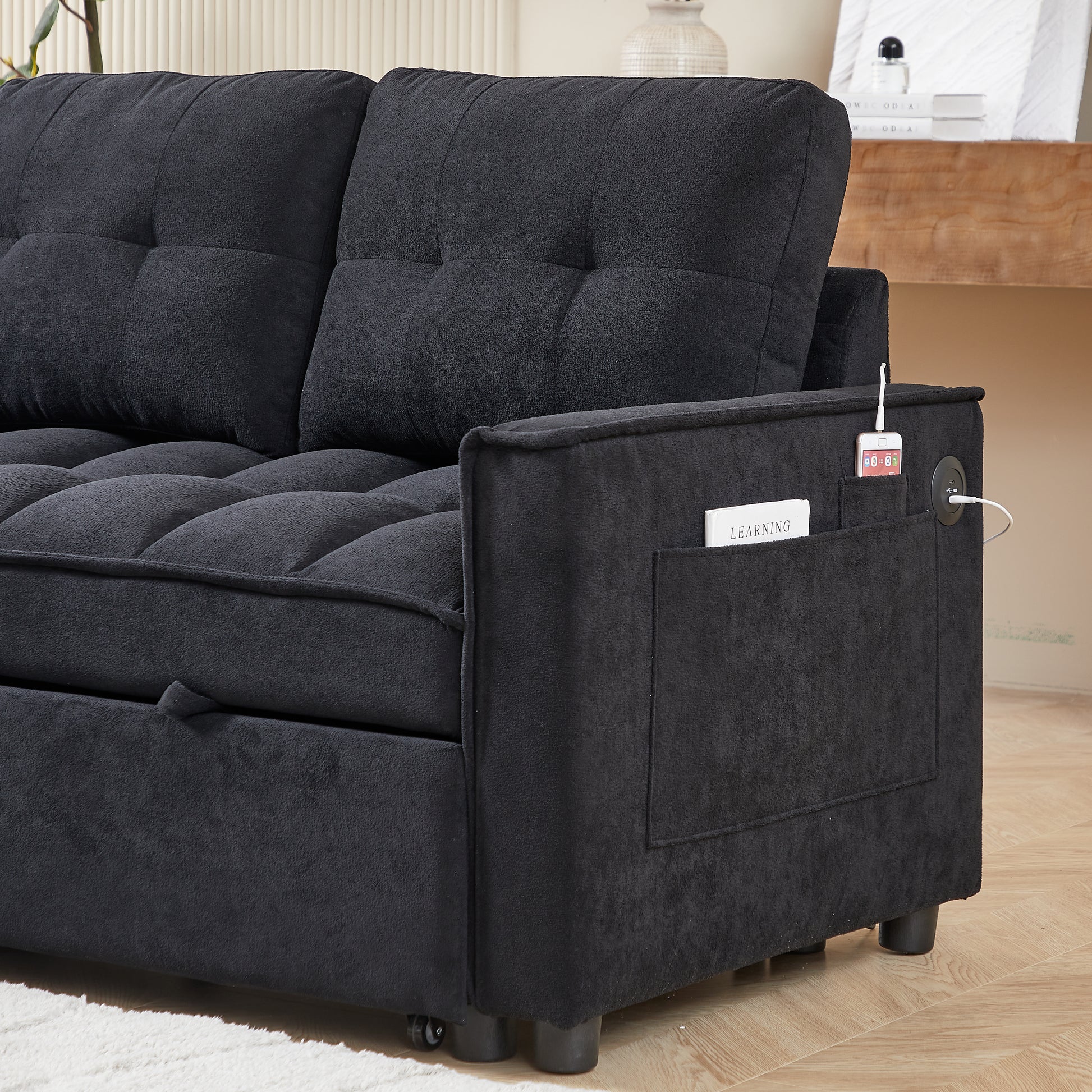 Mh 78.75" Reclining Sofa, Pull Out Sofa Bed With Usb And Tape C Charging Ports, L Shaped Sectional Sofa With Reclining Storage And Arm Side Organizer Pocket Features, Living Room Comfort Sofa Black