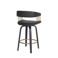 Maya 26 Inch Swivel Counter Chair, Black Faux Leather, Bronze Metal Slats Gold Black Wood Metal