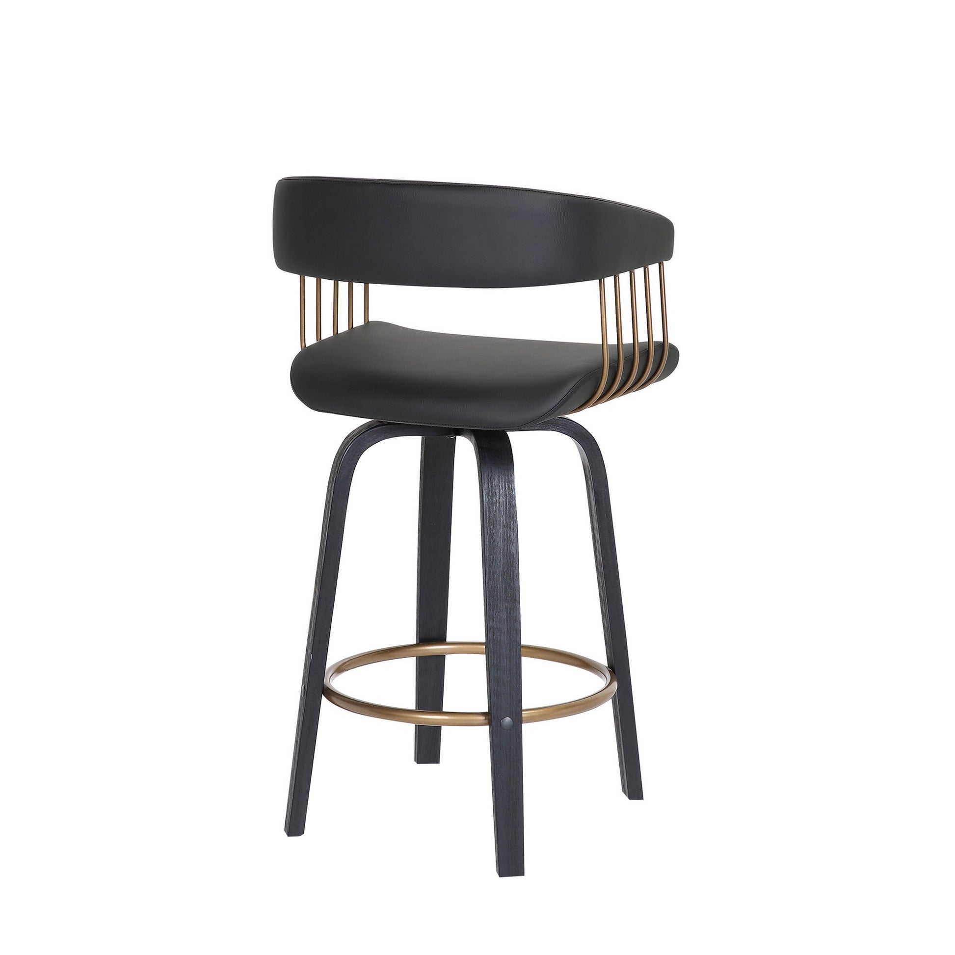 Maya 26 Inch Swivel Counter Chair, Black Faux Leather, Bronze Metal Slats Gold Black Wood Metal