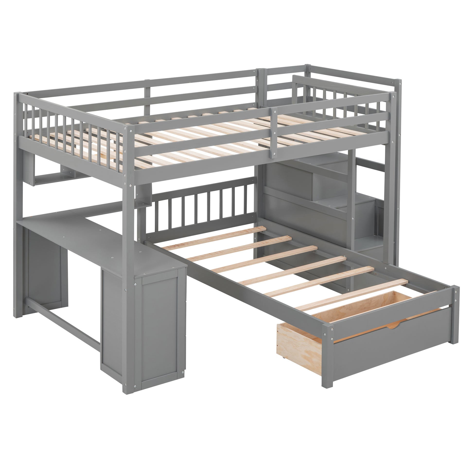 Full Over Twin Bunk Bed With Desk, Drawers And Shelves, Gray Gray Solid Wood