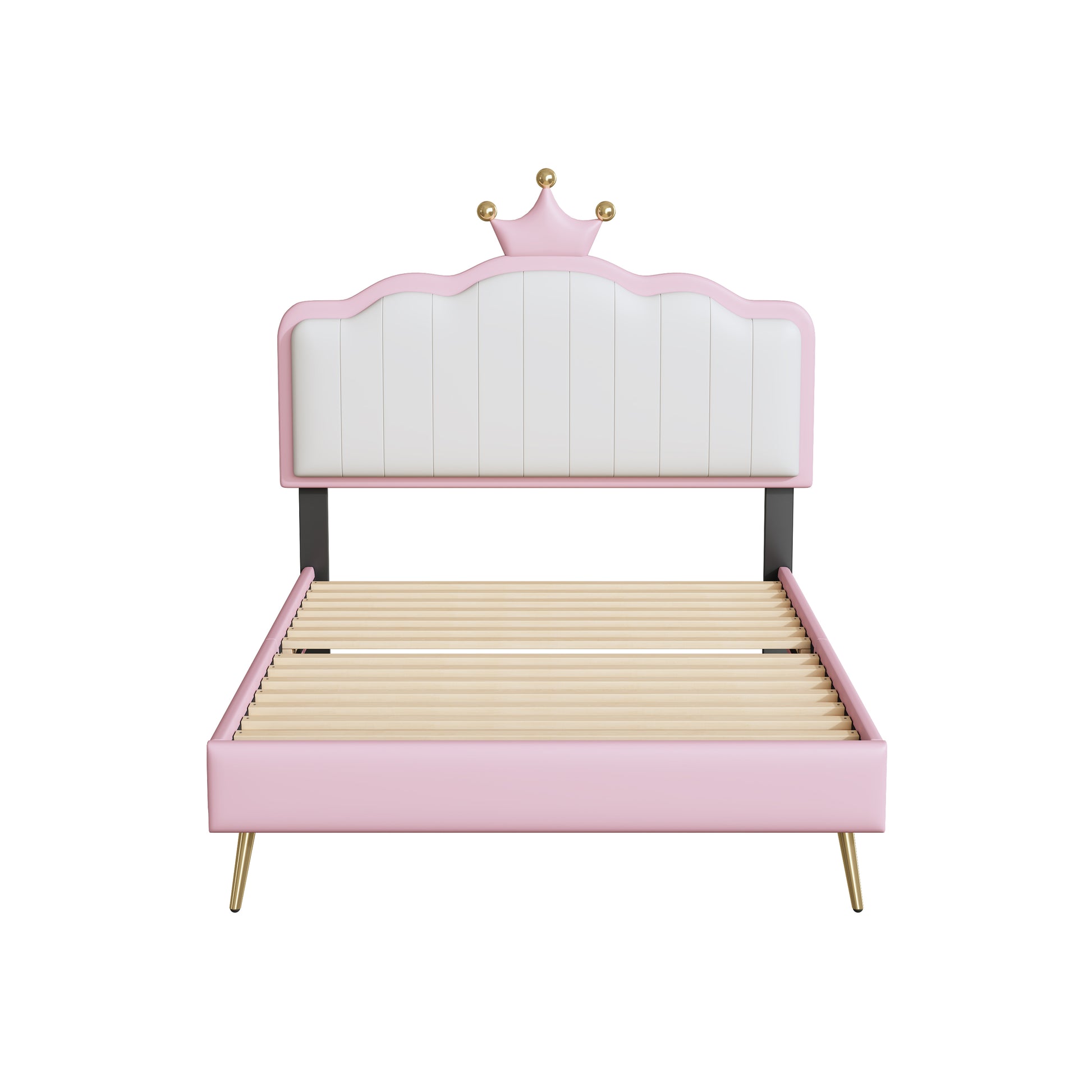 Twin Size Upholstered Princess Bed With Crown Headboard,Twin Size Platform Bed With Headboard And Footboard With Light Strips,Golden Metal Legs, White Pink Pink Pu