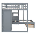 Full Over Twin Bunk Bed With Wardrobe, Drawers, Gray Gray Solid Wood