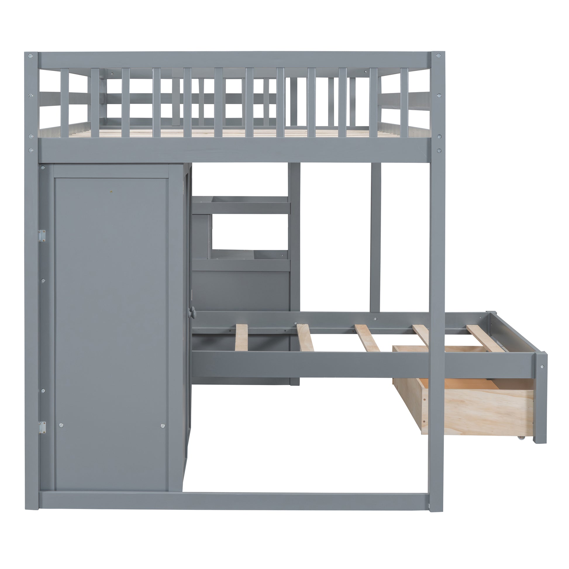 Full Over Twin Bunk Bed With Wardrobe, Drawers, Gray Gray Solid Wood