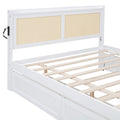 Queen Size Elegant Bed Frame With Rattan Headboard And Sockets ,White White Rattan