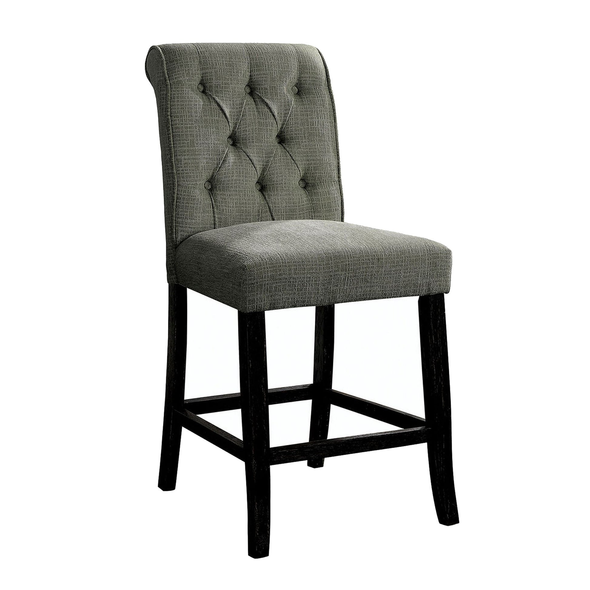 42 Inch Classic Counter Chairs, Button Tufted, Piping, Set Of 2, Gray Black Gray Wood Fabric