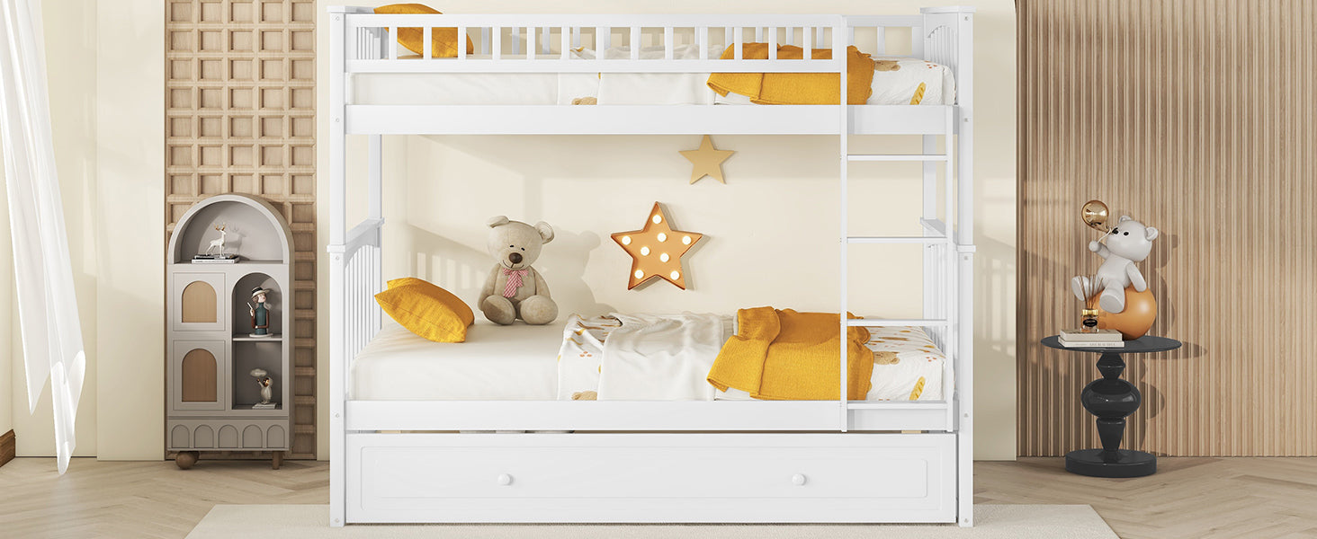 Twin Over Twin Bunk Bed With Twin Size Trundle, Convertible Beds, White Box Spring Not Required Twin White Bedroom Bunk Solid Wood Mdf