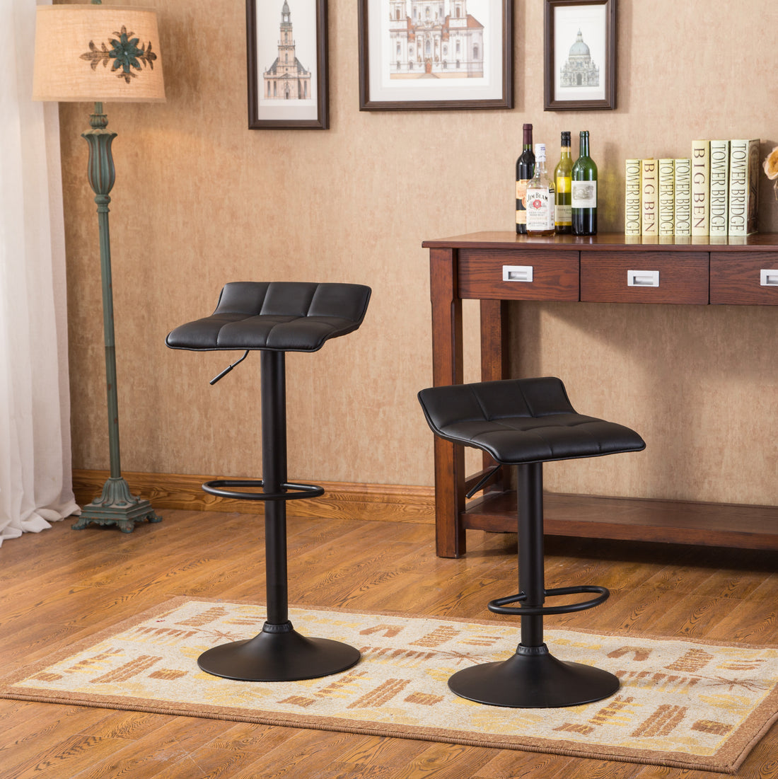 Belham Swivel Black Bonded Leather Adjustable Bar Stool, Set Of 2 Black Faux Leather