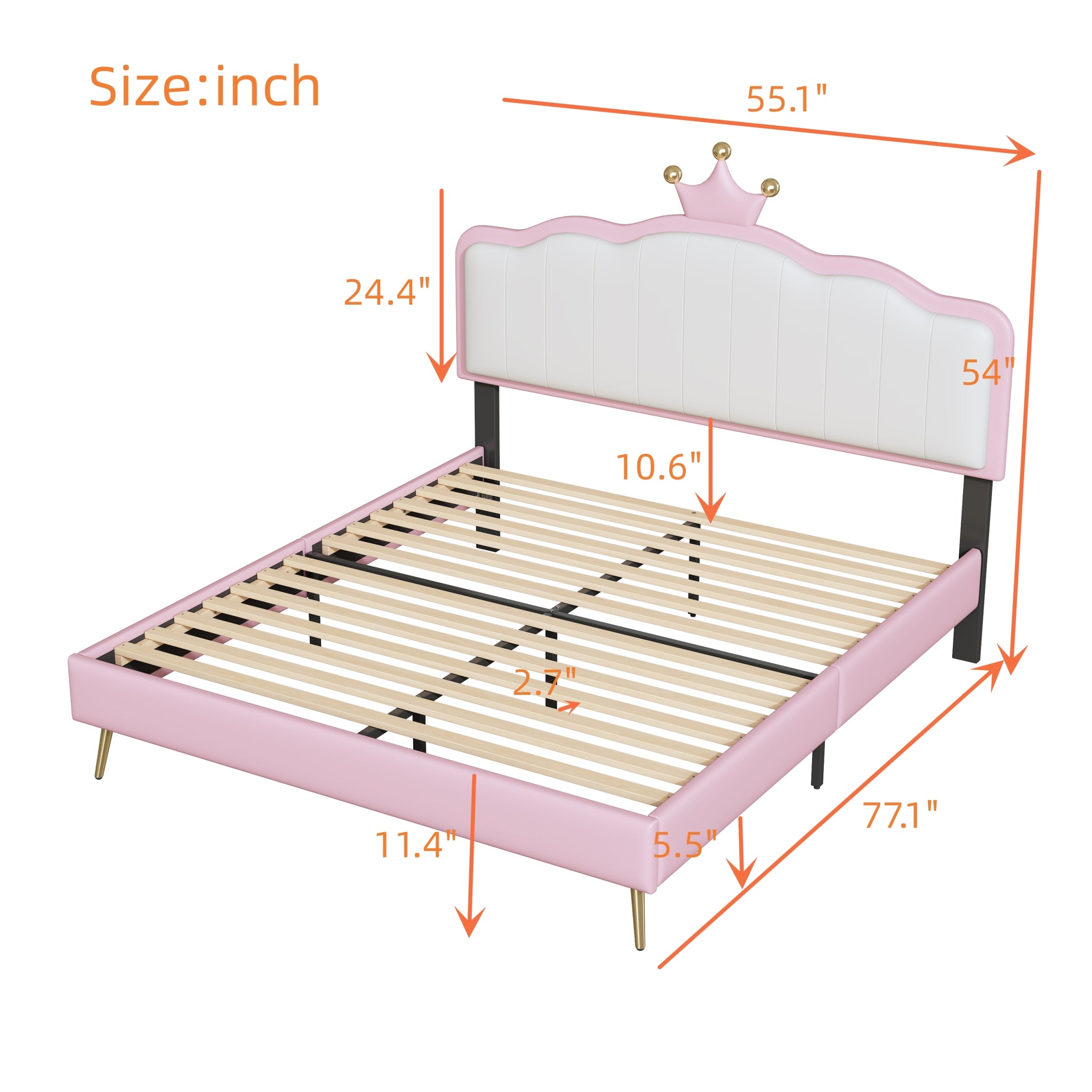 Full size Upholstered Princess Bed With Crown pink-pu