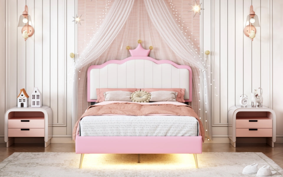 Twin Size Upholstered Princess Bed With Crown Headboard,Twin Size Platform Bed With Headboard And Footboard With Light Strips,Golden Metal Legs, White Pink Pink Pu