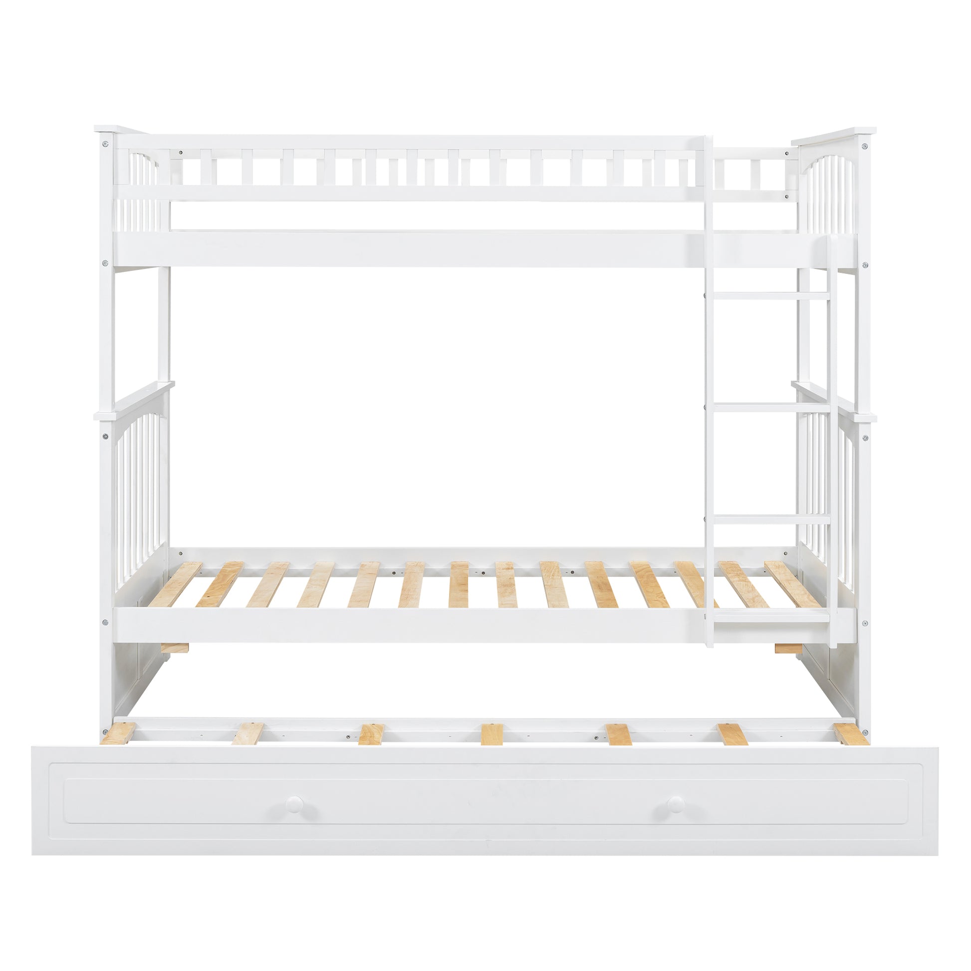 Twin Over Twin Bunk Bed With Twin Size Trundle, Convertible Beds, White Box Spring Not Required Twin White Bedroom Bunk Solid Wood Mdf