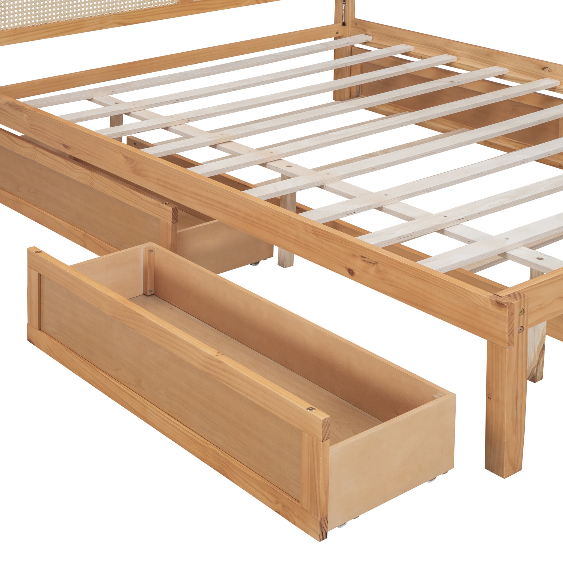 Queen Size Elegant Bed Frame With Rattan Headboard And Sockets ,Natural Twin Natural Rattan