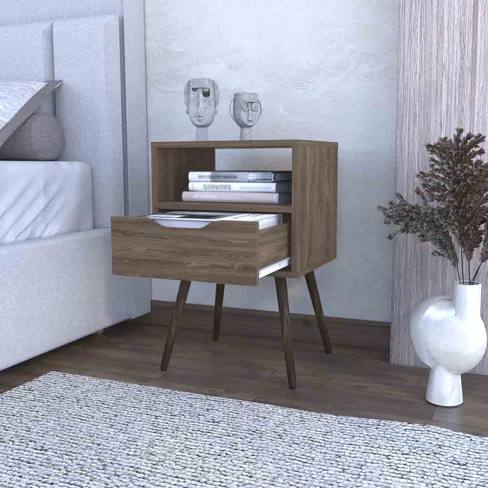 Nightstand Fugaz, Open Shelf, Single Drawer, Dark Walnut Finish Walnut Particle Board