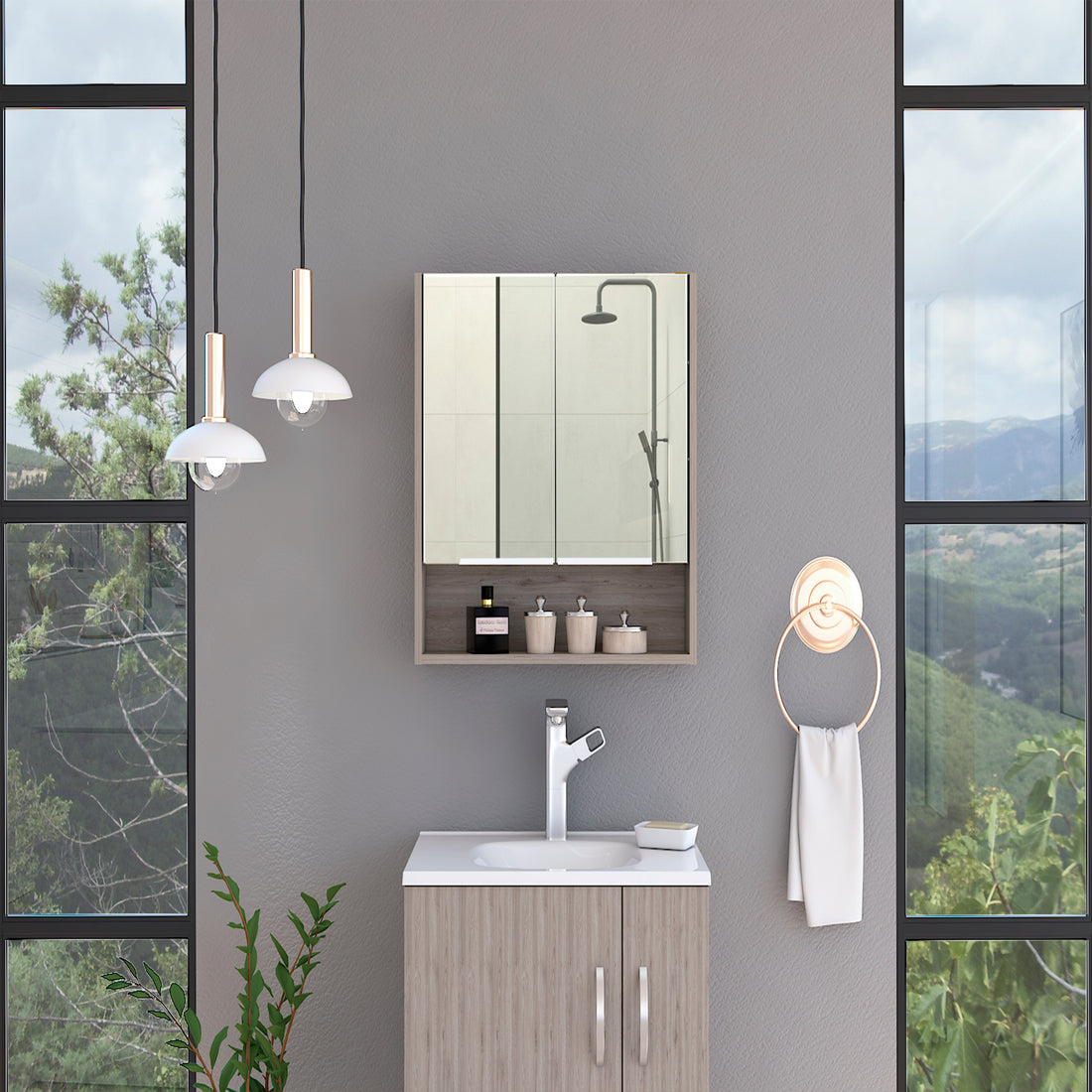 Mirror Medicine Cabinet, One Open Shelf, Three Interior Shelves, Light Gray Gray Particle Board Particle Board