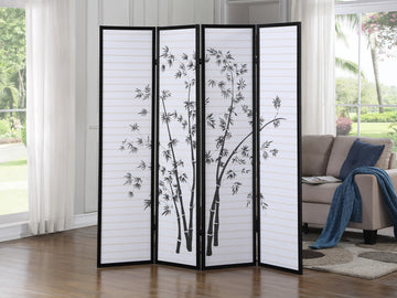 Bamboo Print 4 Panel Framed Room Screen Divider, Black Black Wood Paper