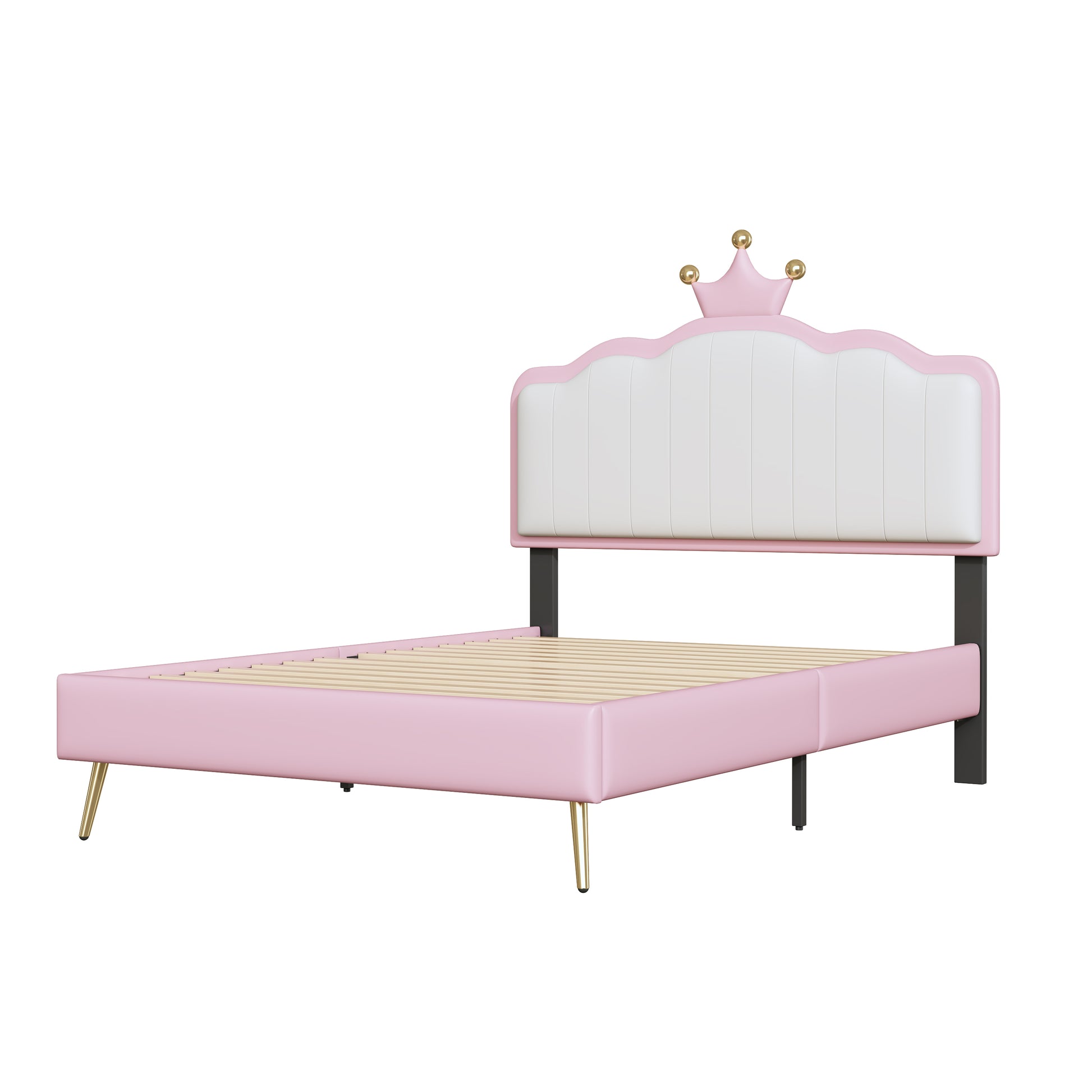Twin Size Upholstered Princess Bed With Crown Headboard,Twin Size Platform Bed With Headboard And Footboard With Light Strips,Golden Metal Legs, White Pink Pink Pu