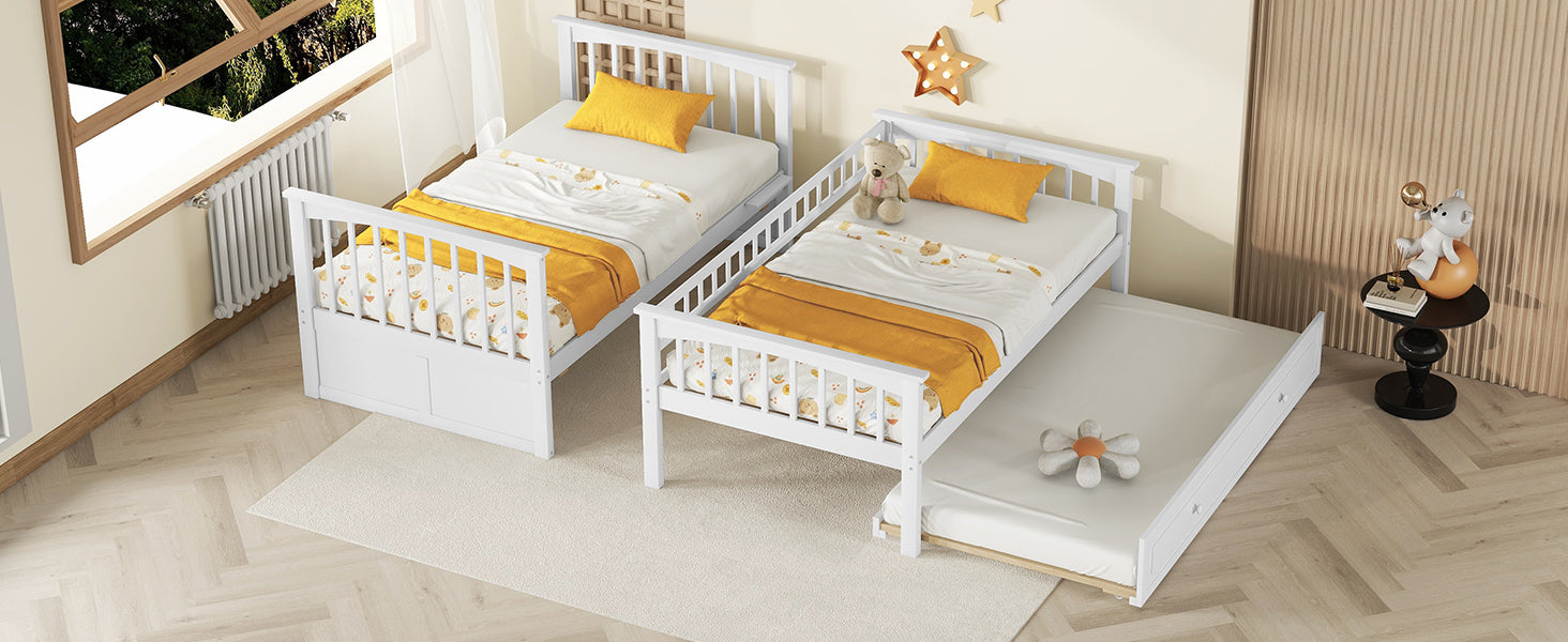 Twin Over Twin Bunk Bed With Twin Size Trundle, Convertible Beds, White Box Spring Not Required Twin White Bedroom Bunk Solid Wood Mdf