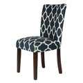 Wooden Parson Dining Chairs With Quatrefoil Patterned Fabric Upholstery, Blue And White, Set Of Two White Blue Wood Fabric