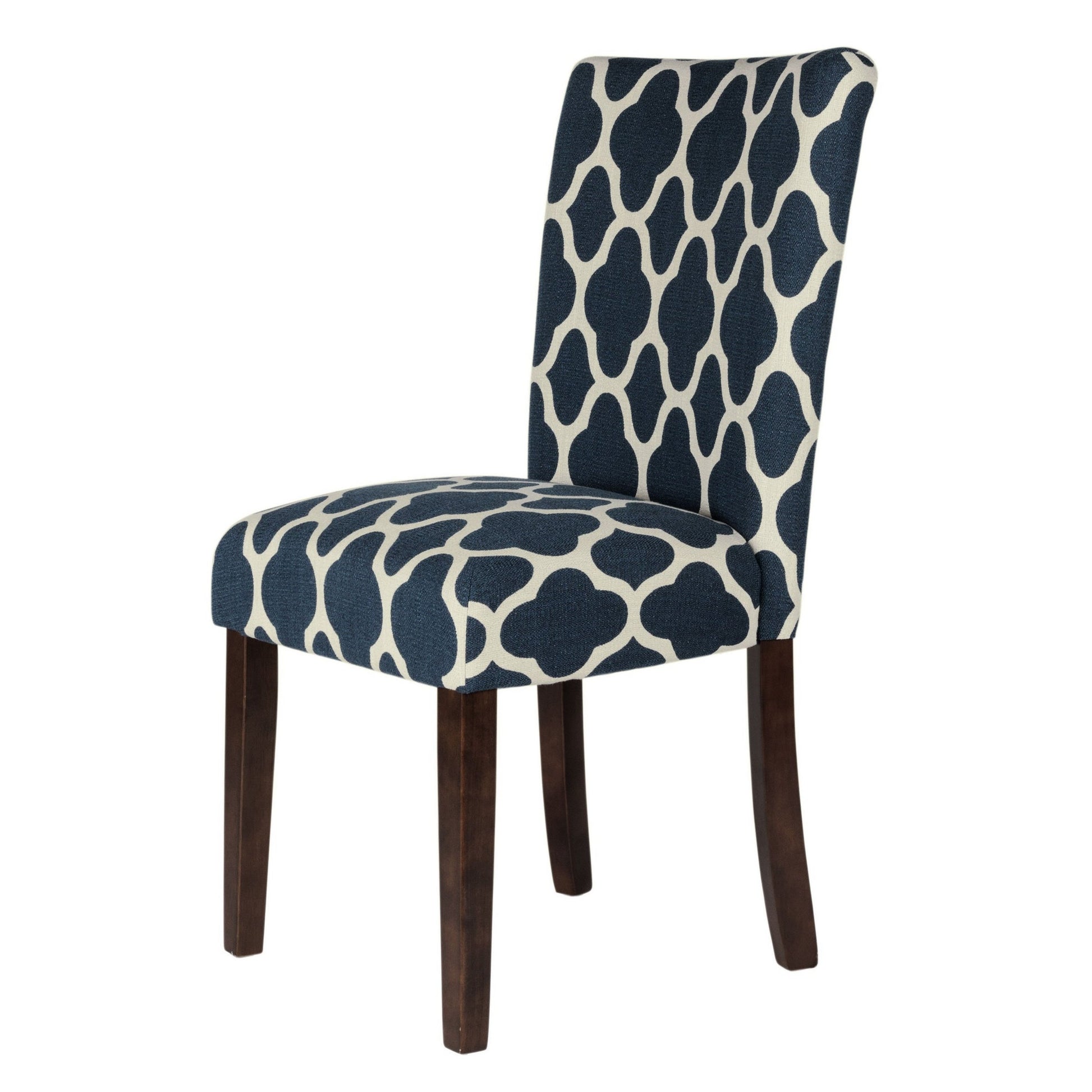 Wooden Parson Dining Chairs With Quatrefoil Patterned Fabric Upholstery, Blue And White, Set Of Two White Blue Wood Fabric