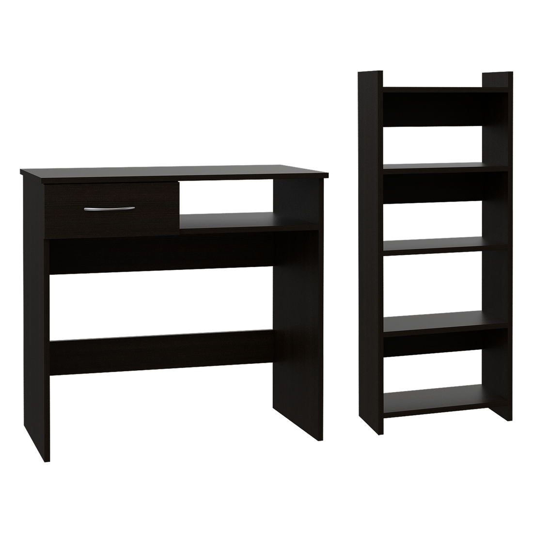 Home Office Set, Two Parts Set, One Drawer, Desktop, Keyboard Tray, Stand, Five Shelves, Black Black Particle Board Particle Board