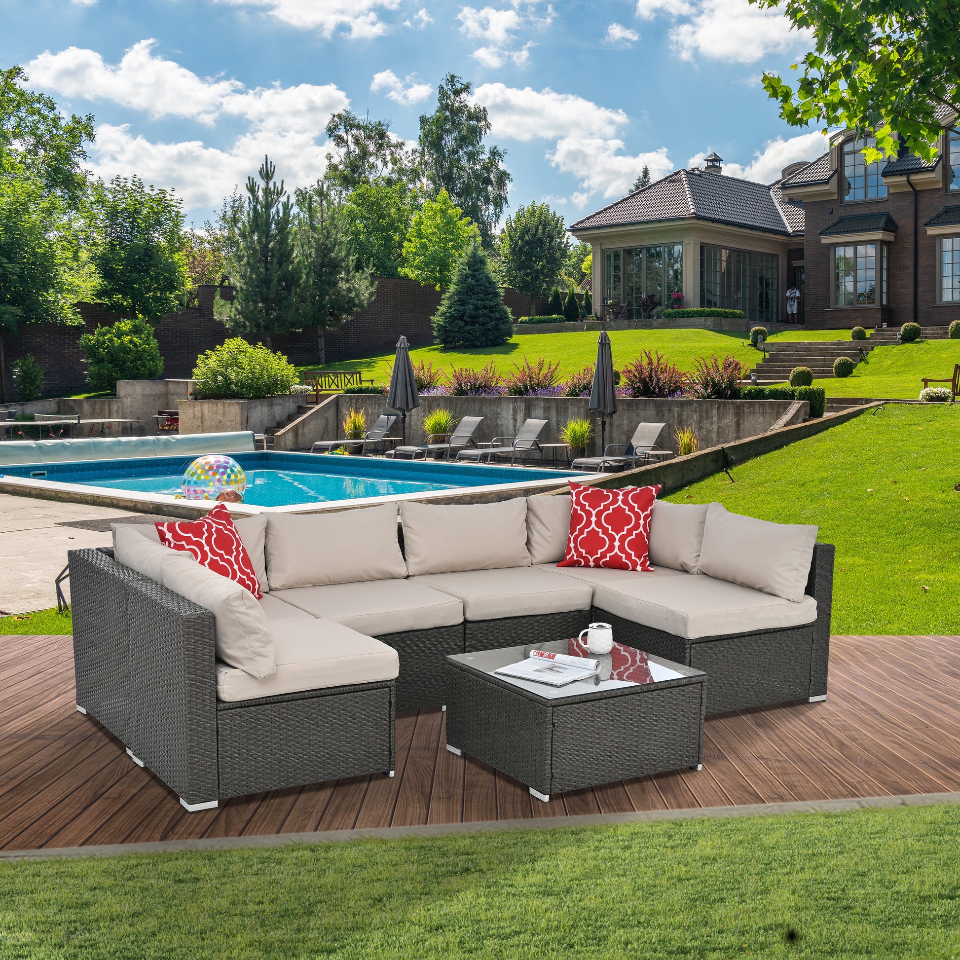 Patio Furniture Sets Yes Dark Gray Seats 6 Pe Rattan Iron Waterproof Fabric