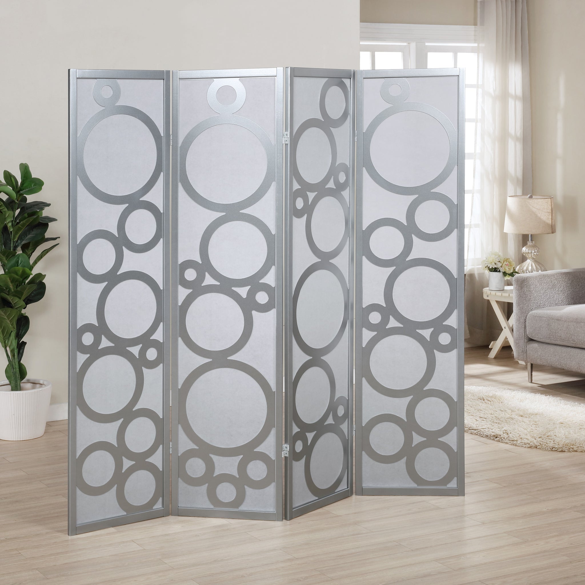 Arvada 4 Panel Wood Room Divider With Circle Pattern, Silver Silver Wood Paper