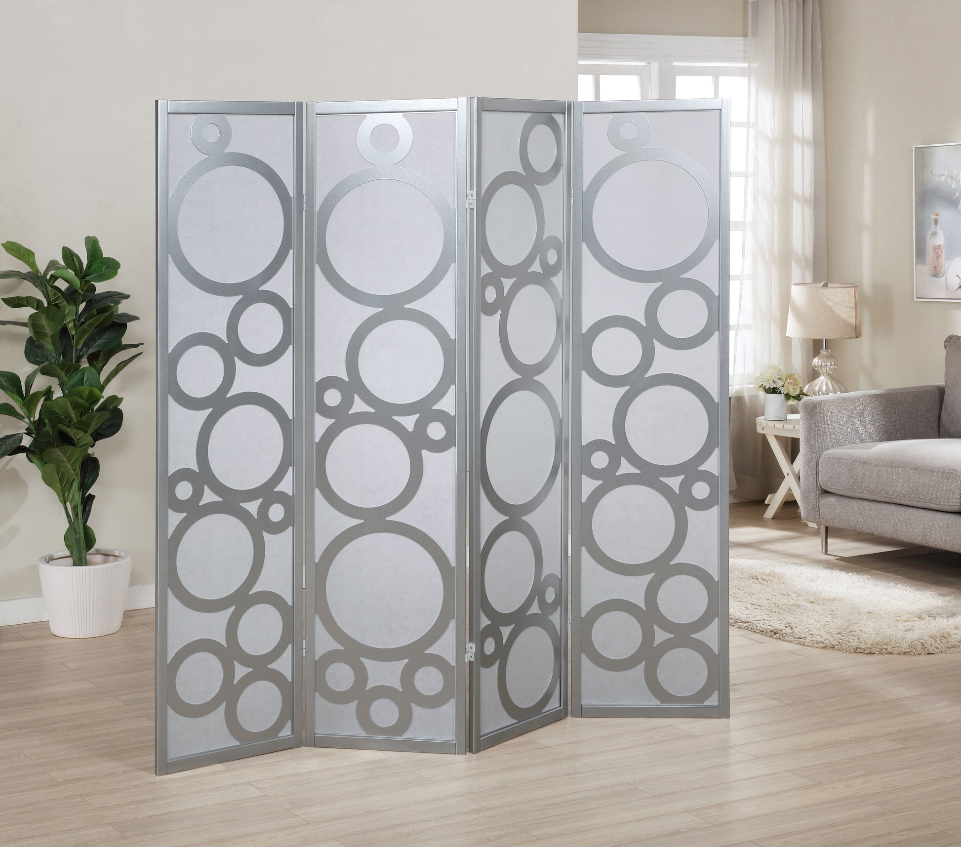 Arvada 4 Panel Wood Room Divider With Circle Pattern, Silver Silver Wood Paper