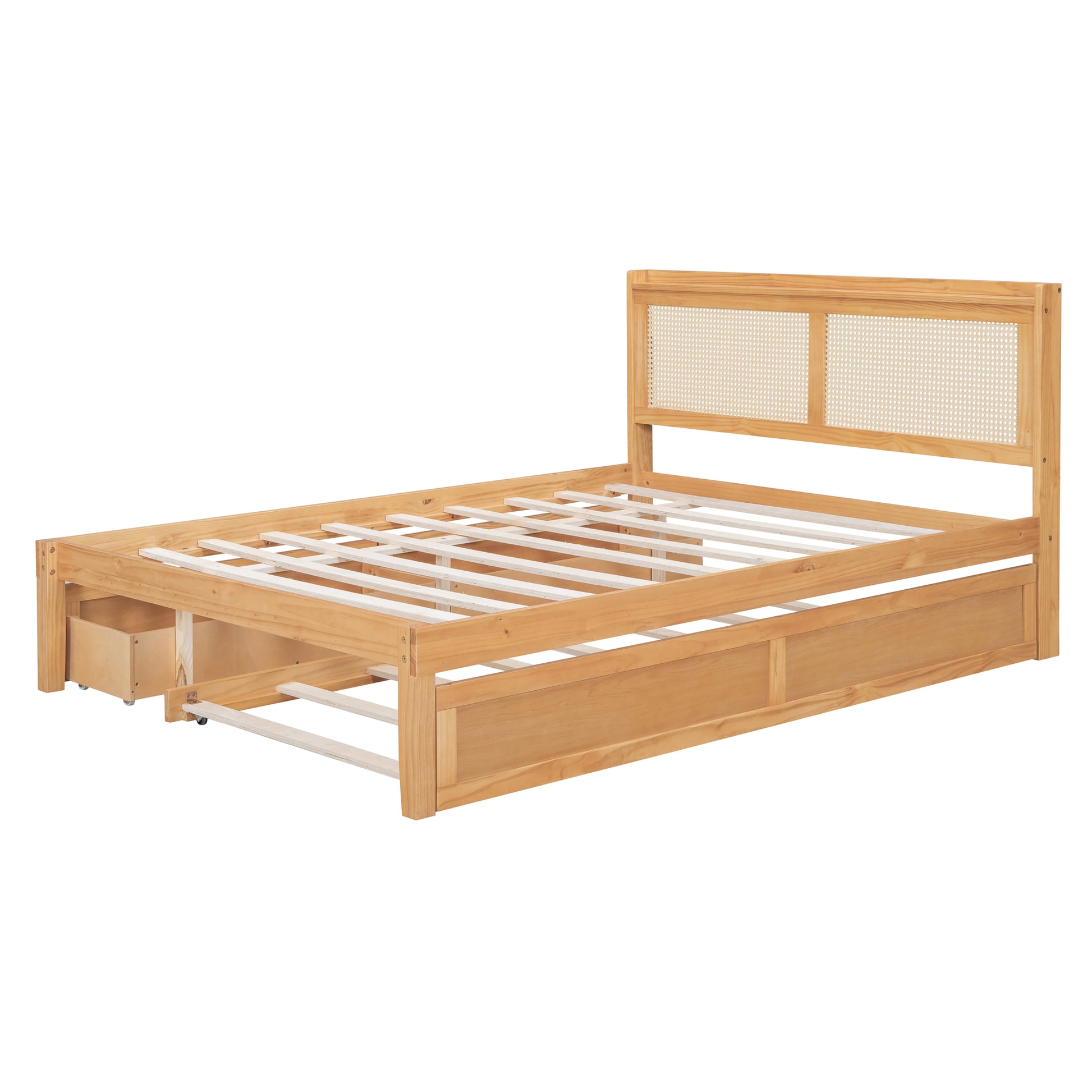 Queen Size Elegant Bed Frame With Rattan Headboard And Sockets ,Natural Twin Natural Rattan