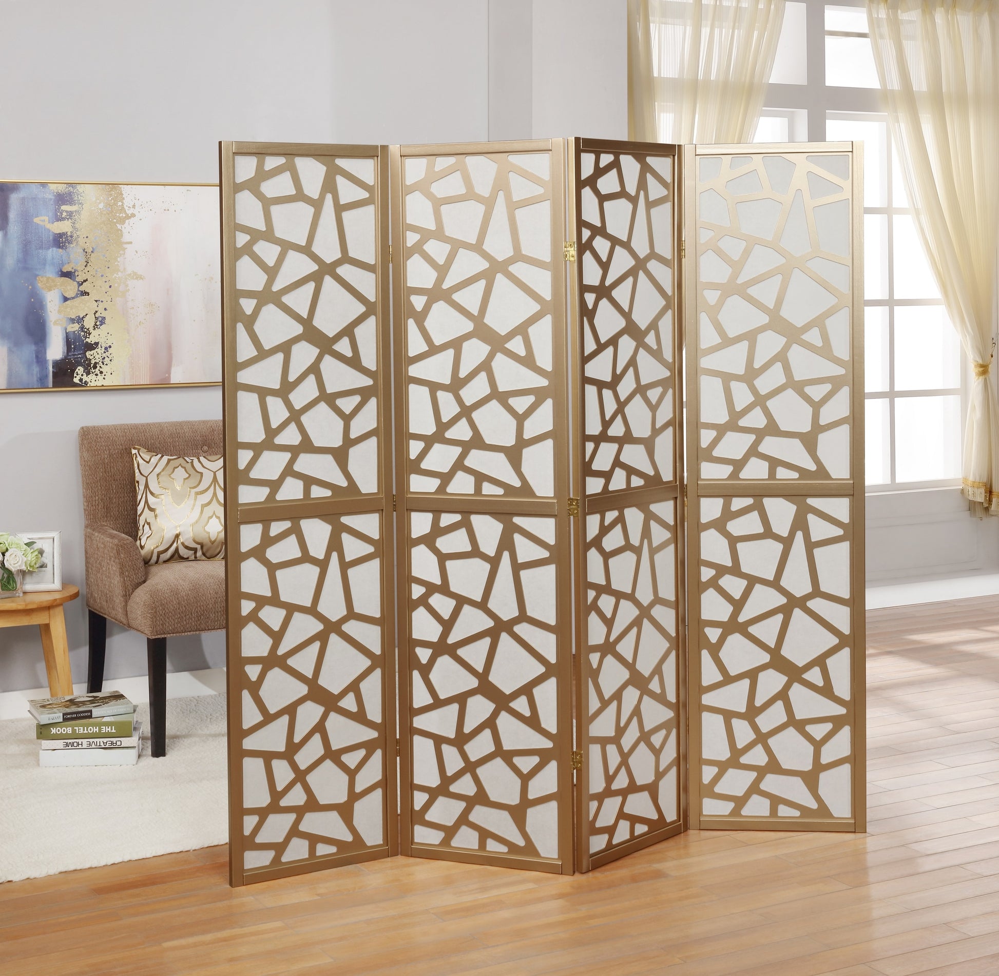 Giyano 4 Panel Screen Room Divider, Gold Gold Wood Paper