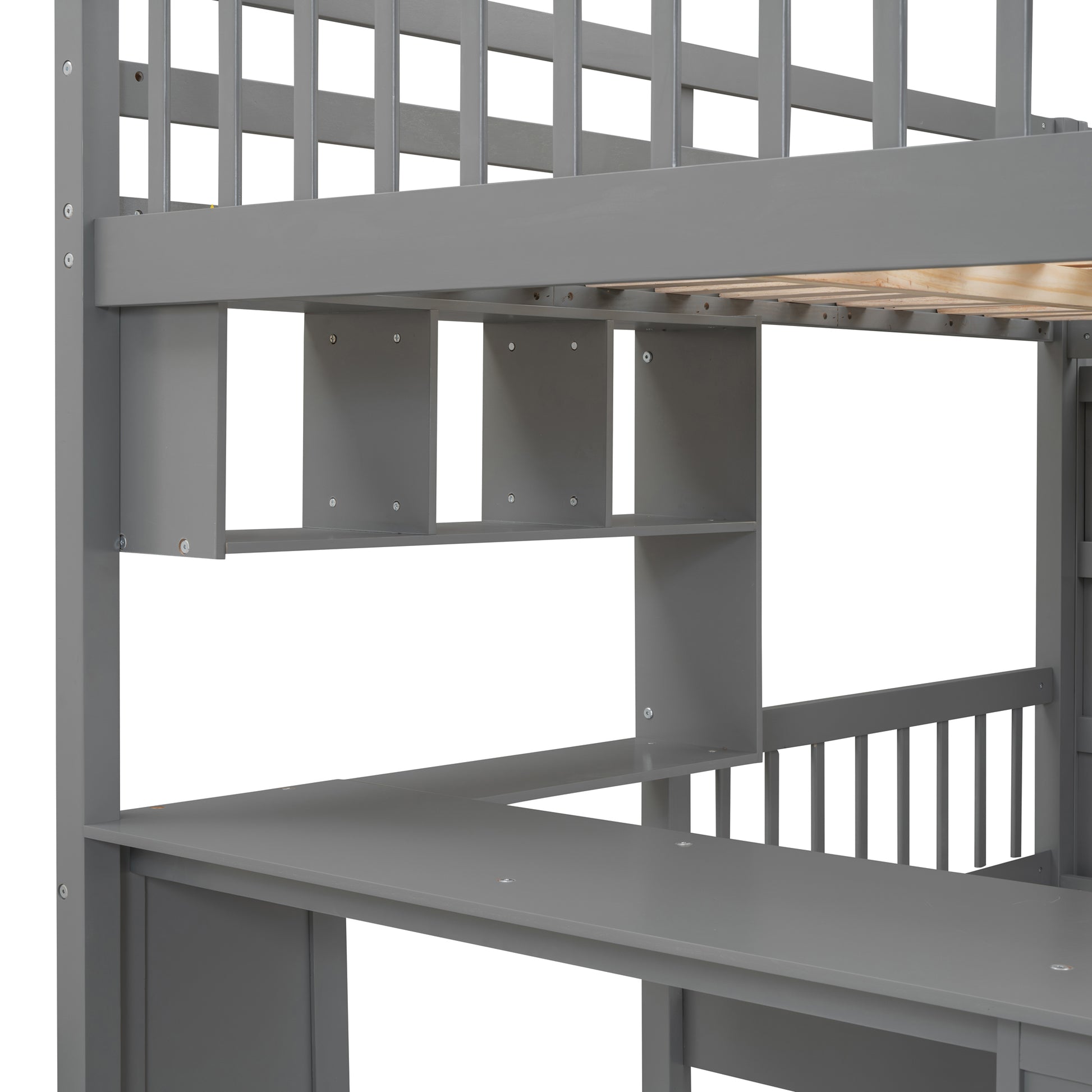 Full Over Twin Bunk Bed With Desk, Drawers And Shelves, Gray Gray Solid Wood