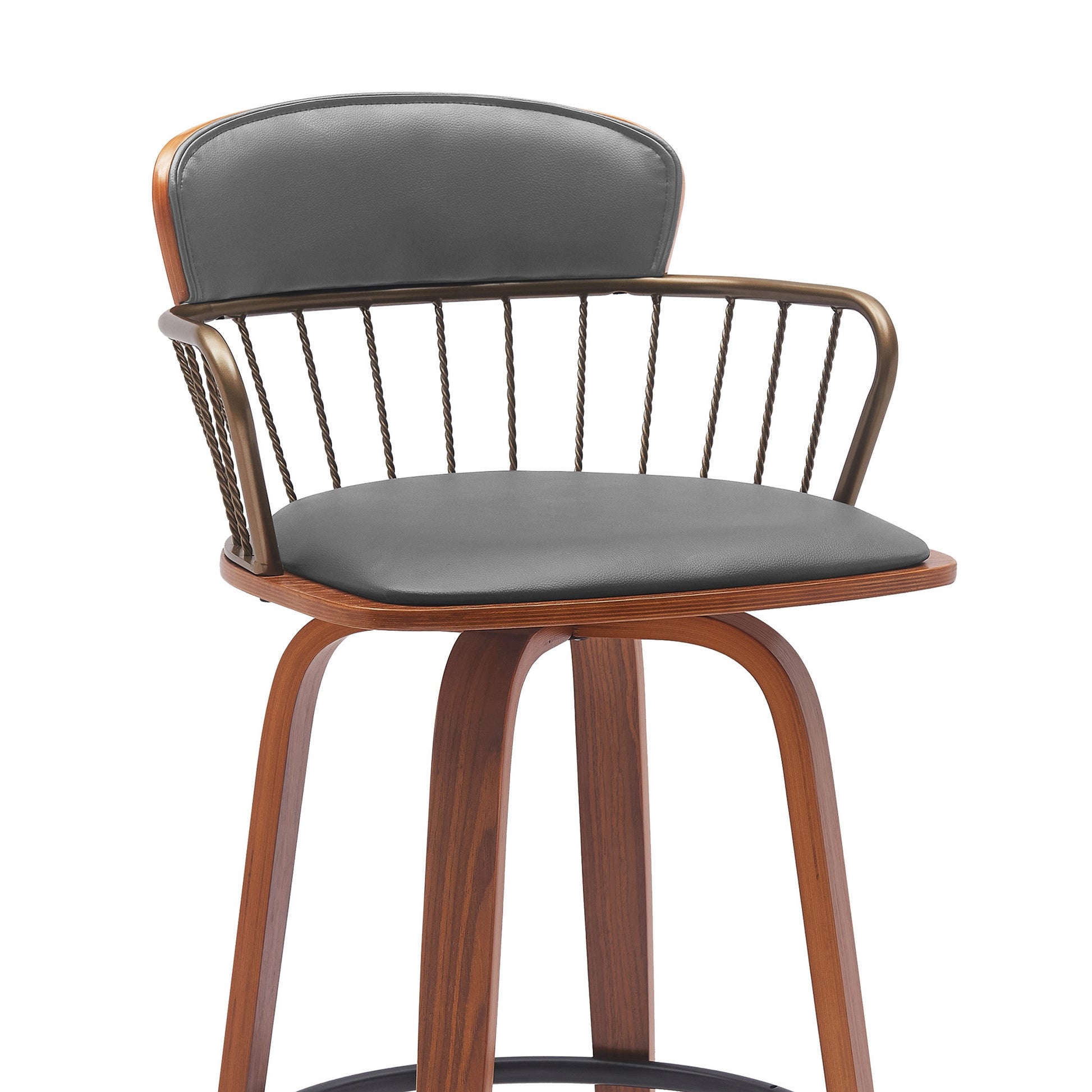 Wiz 26 Inch Counter Stool Chair, Slatted, Gray Faux Leather, Walnut Brown Brown Gray Wood Metal