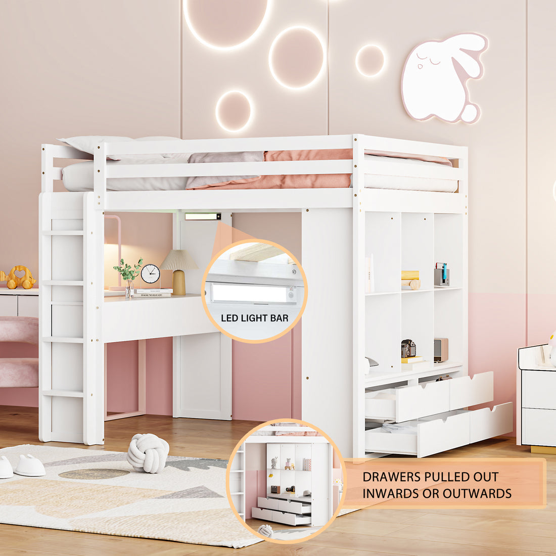 Full Size Loft Bed With Large Shelves, Writing Desk And Led Light, White White Solid Wood Mdf