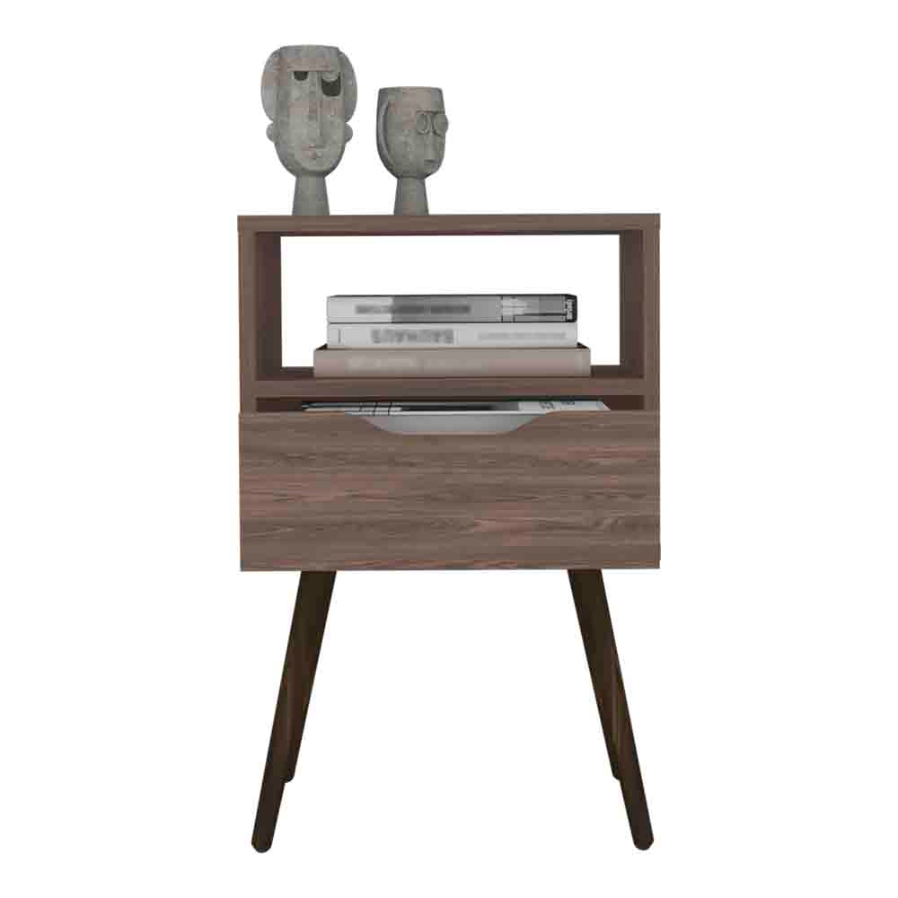 Nightstand Fugaz, Open Shelf, Single Drawer, Dark Walnut Finish Walnut Particle Board