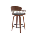 Wiz 26 Inch Counter Stool Chair, Slatted, Gray Faux Leather, Walnut Brown Brown Gray Wood Metal