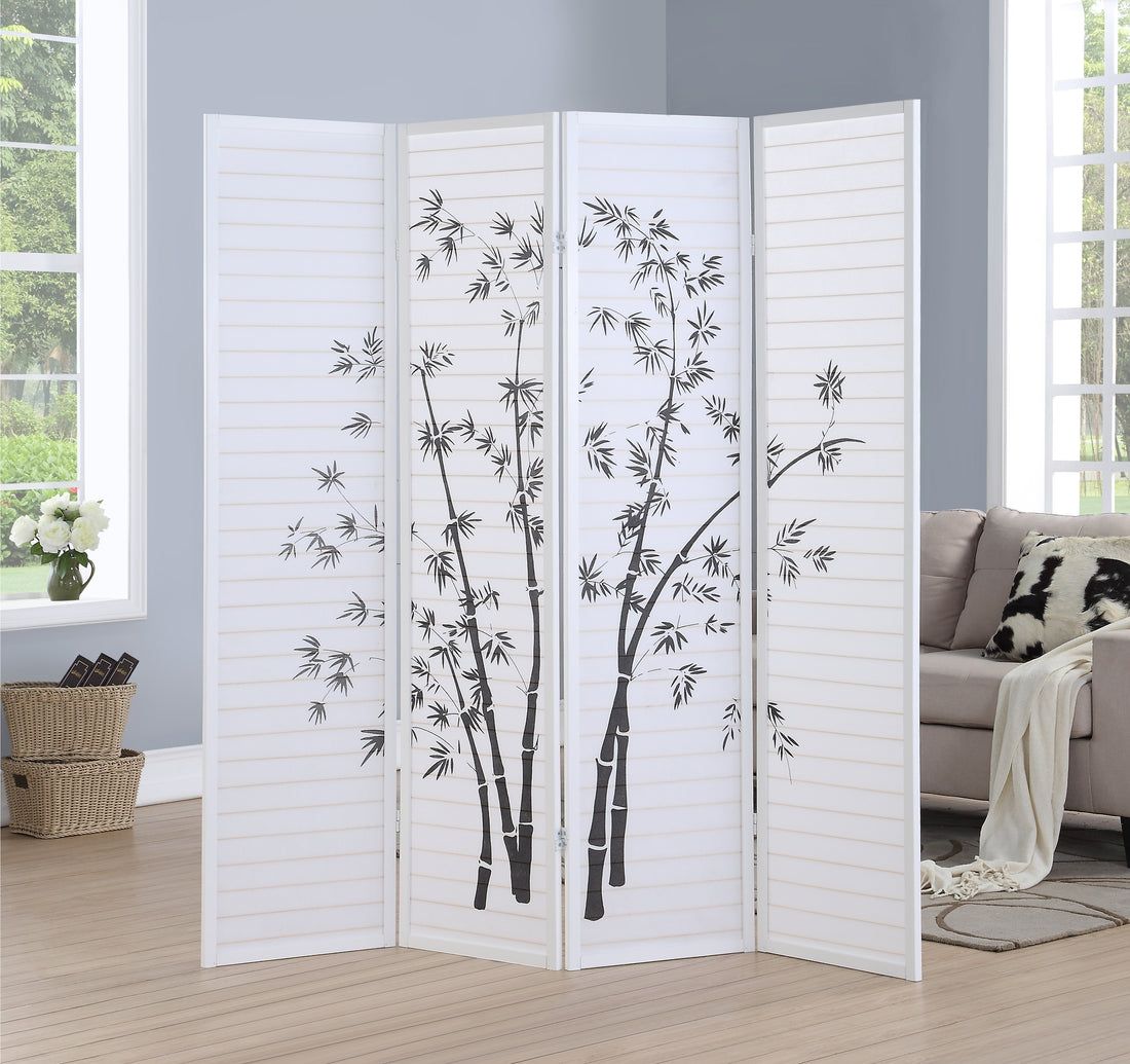 Bamboo Print 4 Panel Framed Room Screen Divider, White White Wood Paper
